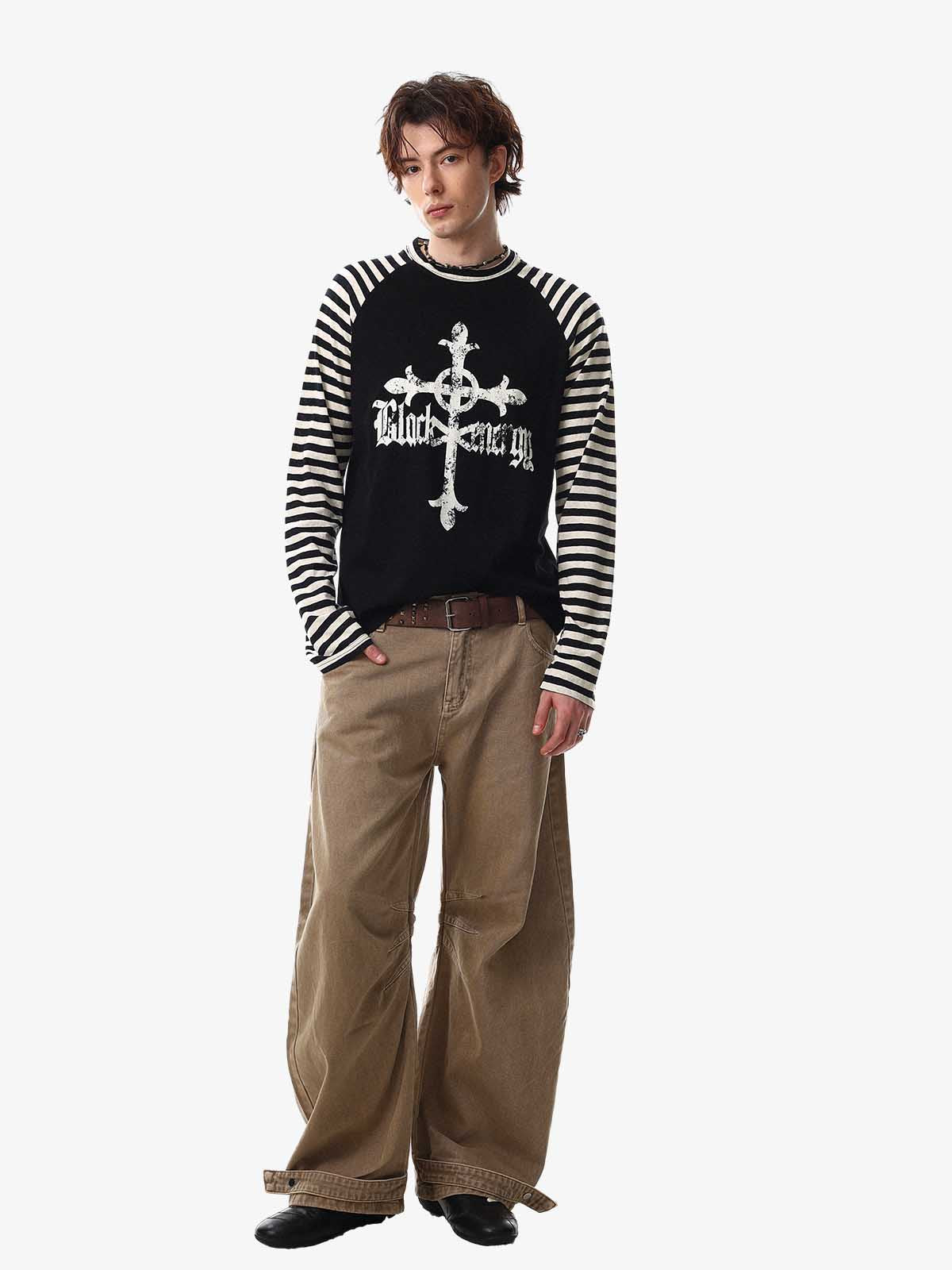 Long Sleeve Raglan T-Shirt with Cross Graphic and Striped Design