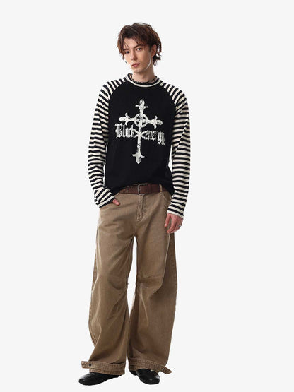 Long Sleeve Raglan T-Shirt with Cross Graphic and Striped Design
