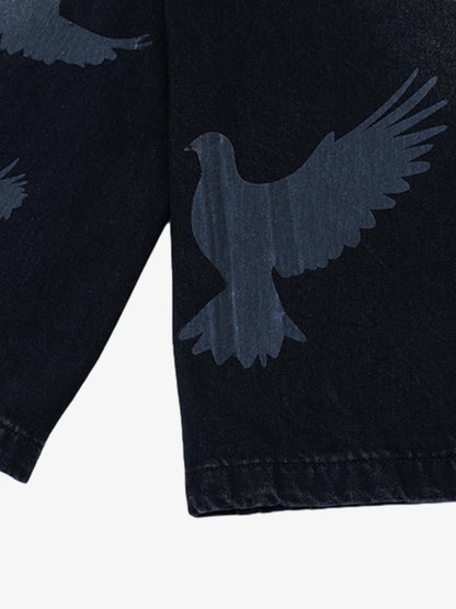 Vintage-Inspired Dove Print Distressed Denim Shorts