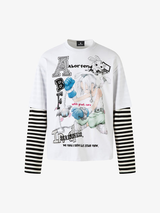 Long-Sleeve with Cartoon Print and Striped Sleeves