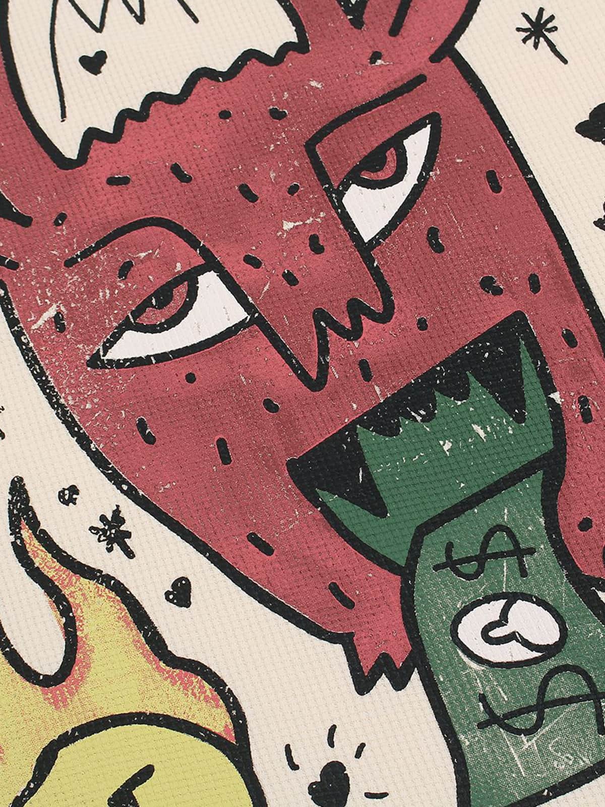 Oversized Waffle Knit T-Shirt with Graffiti Devil Graphic