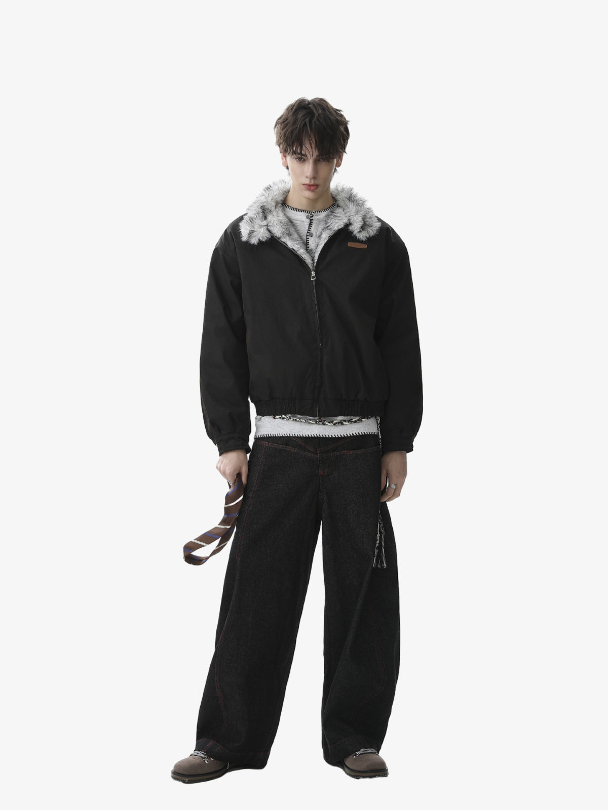 Retro Stand Collar Faux Fur Lined Bomber Jacket