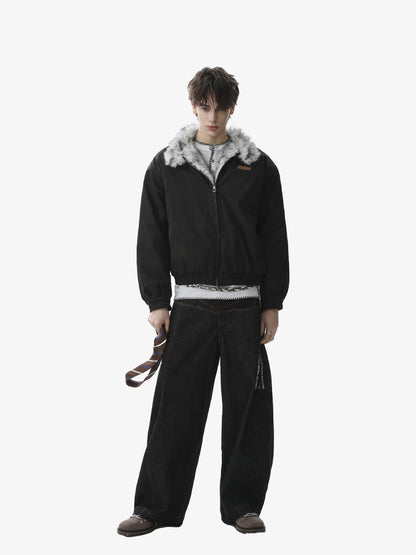 Retro Stand Collar Faux Fur Lined Bomber Jacket