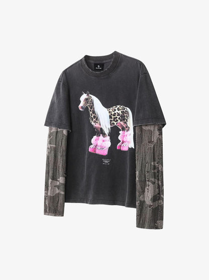 Long Sleeve with Layered Leopard Horse Design