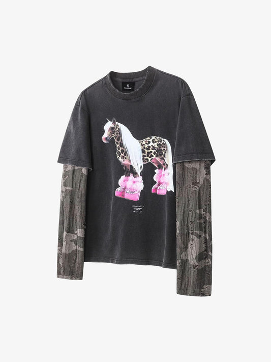 Long Sleeve with Layered Leopard Horse Design