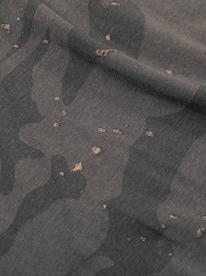 V-Neck Henley T-Shirt with Distressed Camo and Paint Splatter Design