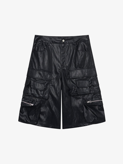 Faux Leather Cargo Denim Shorts