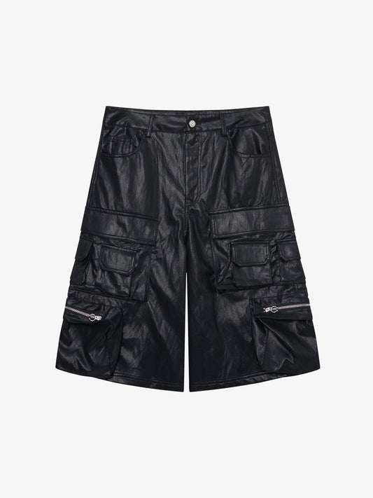 Faux Leather Cargo Denim Shorts