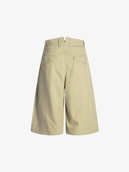 Wide Leg Pleated Cotton Denim Shorts