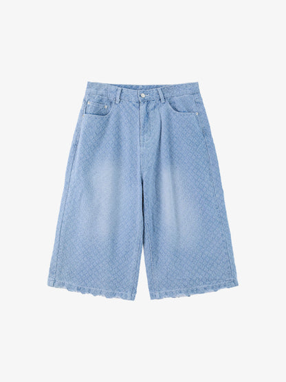 Retro Distressed Textured Ripped Wide-Leg Denim Shorts