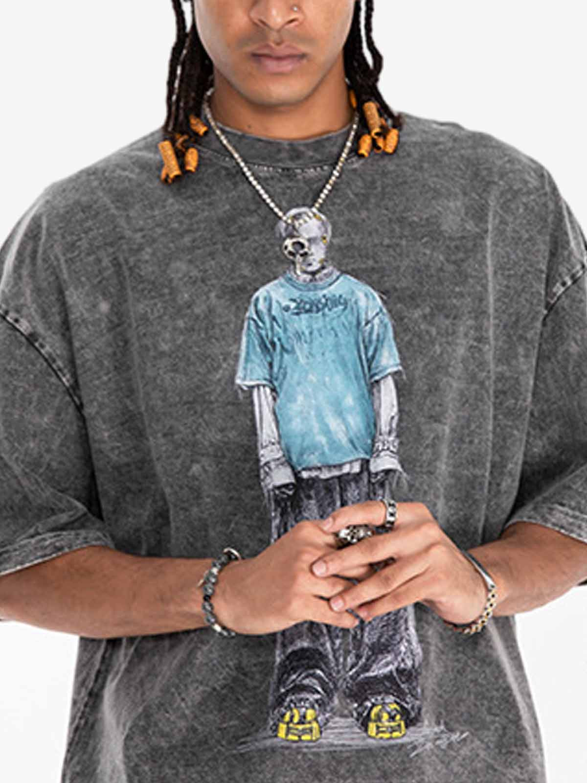 Retro Distressed Skeleton Print Oversized Tee