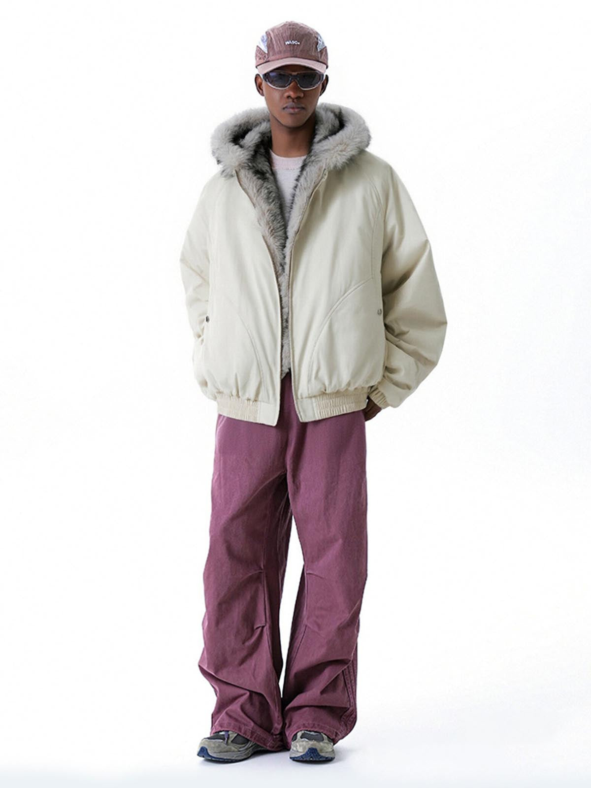 Windproof Padded Jacket with Faux Fur Collar and Hood