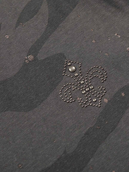 V-Neck Henley T-Shirt with Distressed Camo and Paint Splatter Design