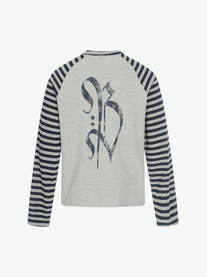 Long Sleeve Raglan T-Shirt with Cross Graphic and Striped Design