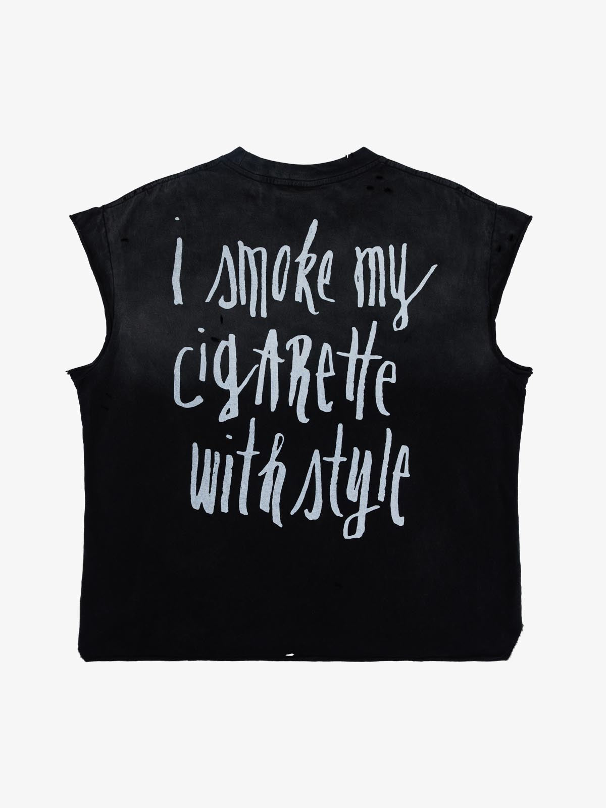 Retro Distressed Sleeveless Knit Tee with Letter Print