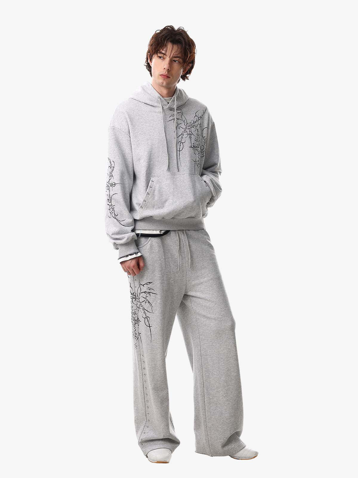 Floral Line Art Studded Pocket Hoodie