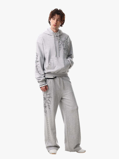 Floral Line Art Studded Pocket Hoodie