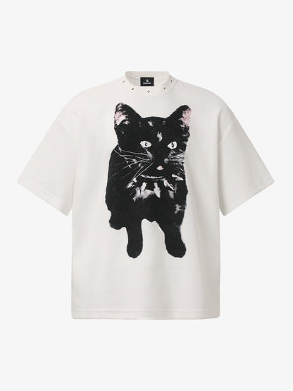 Retro Black Cat Studded Collar Tee
