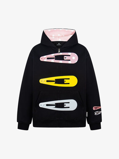 Detachable Hair Clip Decoration Zip Up Hoodie