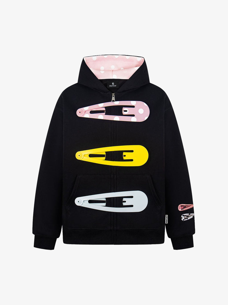 Detachable Hair Clip Decoration Zip Up Hoodie