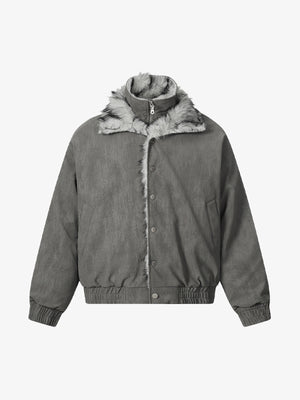 Retro Two-Tone Fleece-Lined Zip Jacket with Dual-Layer Collar