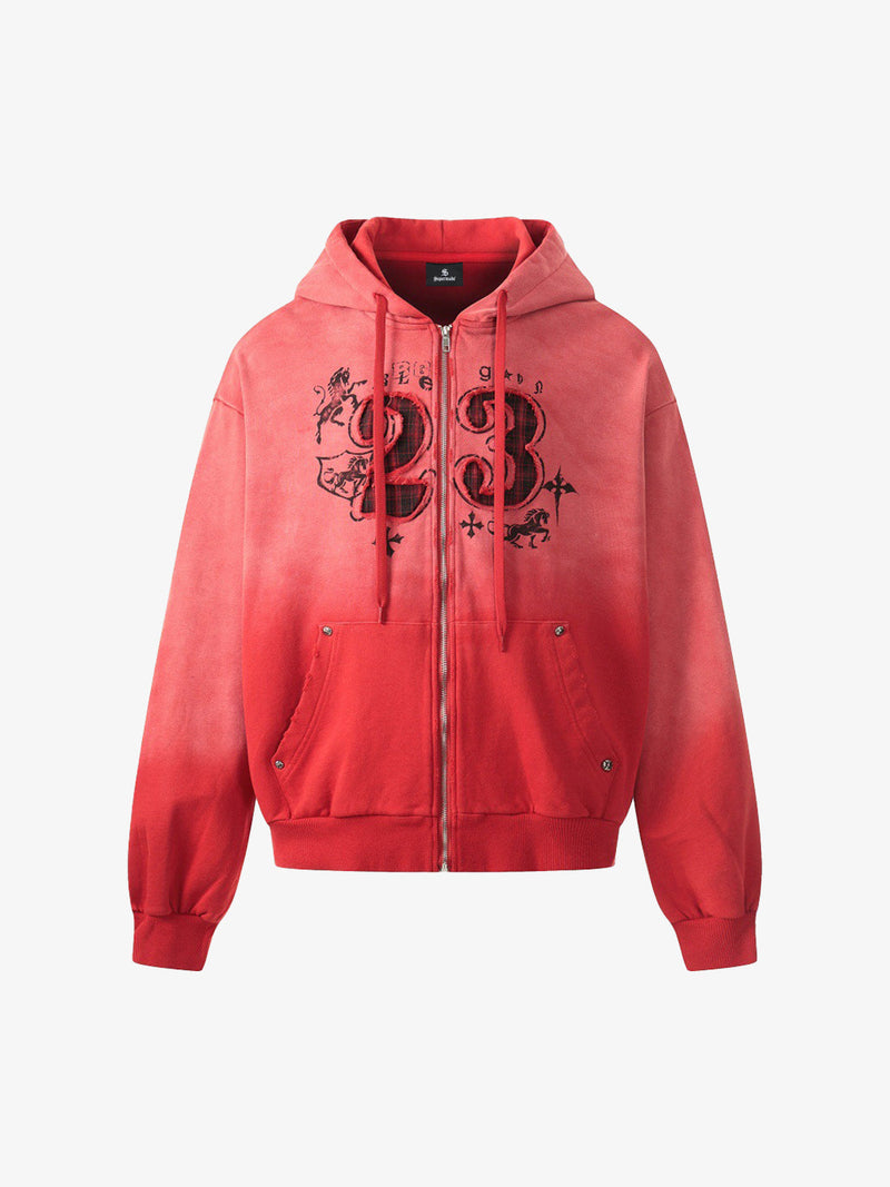 Distressed "23" Patch Zip Up Hoodie