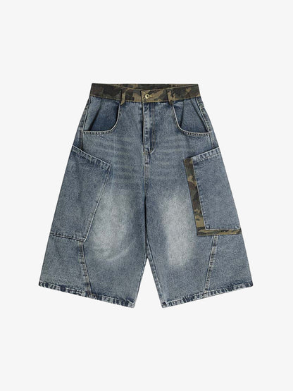 Camouflage Patchwork Denim Cargo Shorts