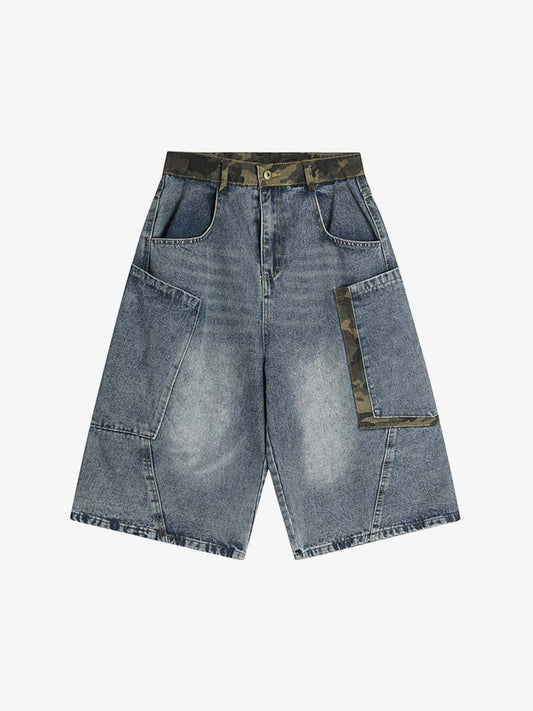 Camouflage Patchwork Denim Cargo Shorts