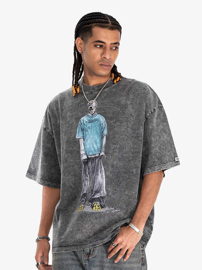 Retro Distressed Skeleton Print Oversized Tee