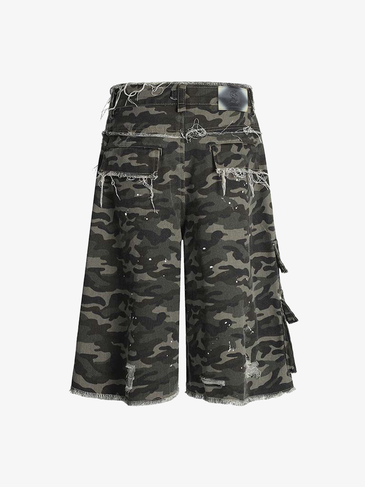 Distressed Camo Multi-Pocket Straight-Leg Denim Shorts