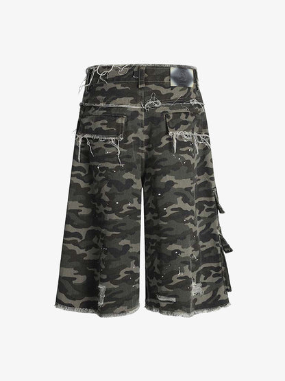 Distressed Camo Multi-Pocket Straight-Leg Denim Shorts