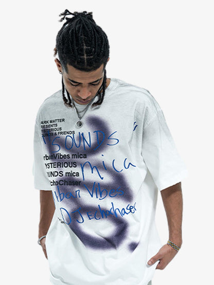 Distressed Graffiti Text Print Tee with Spray Effect