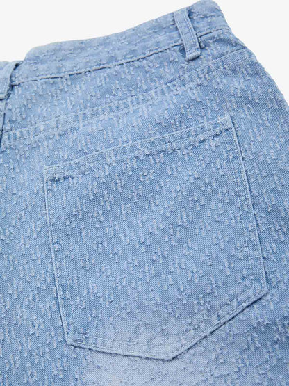 Retro Distressed Textured Ripped Wide-Leg Denim Shorts
