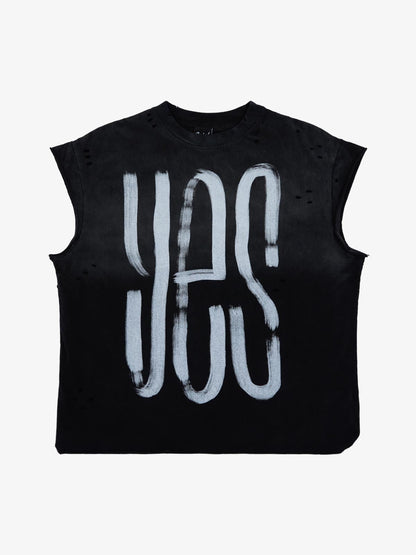 Retro Distressed Sleeveless Knit Tee with Letter Print