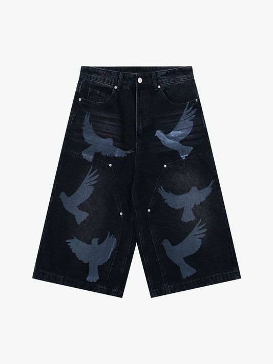 Vintage-Inspired Dove Print Distressed Denim Shorts