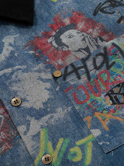 Graffiti-Style Tie-Dye Denim Polo Tee