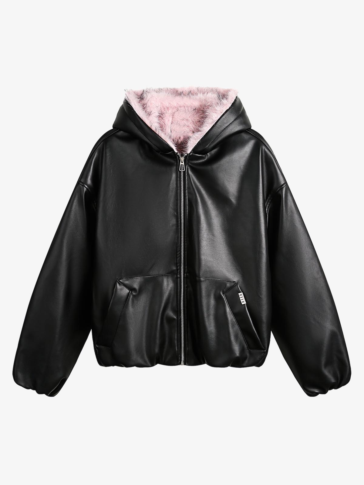 Quilted Pink Leather Jacket with Fur Hood