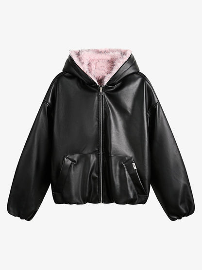 Quilted Pink Leather Jacket with Fur Hood