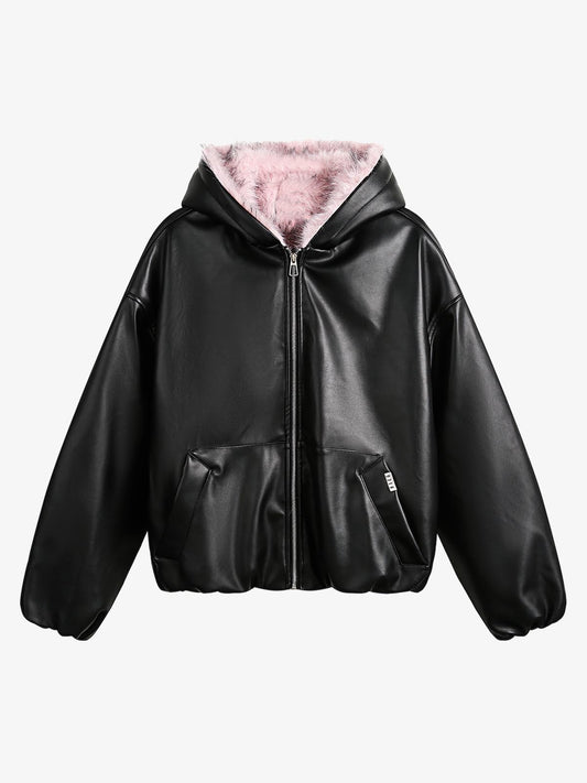 Quilted Pink Leather Jacket with Fur Hood