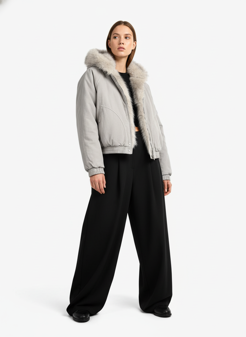 Quilted Jacket with Spliced Fur Hood