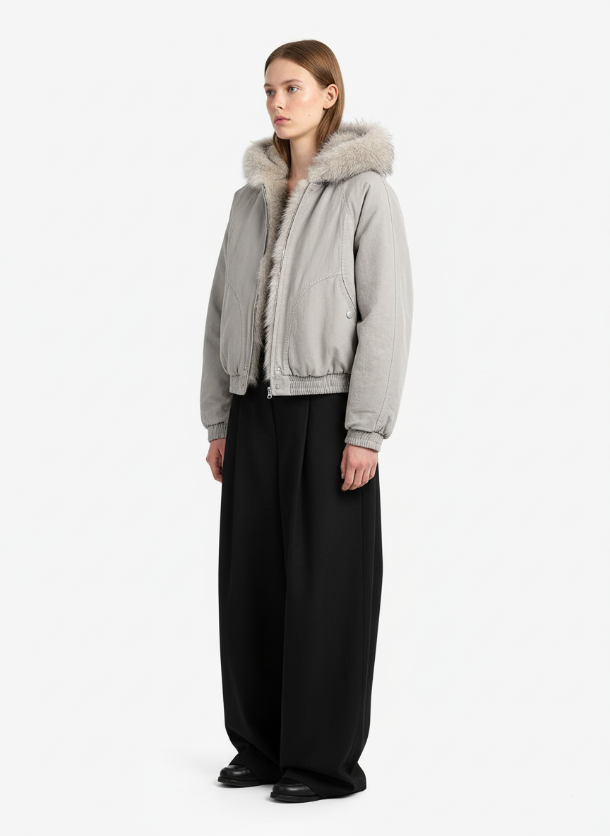 Quilted Jacket with Spliced Fur Hood