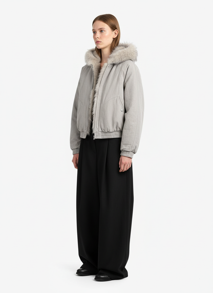 Quilted Jacket with Spliced Fur Hood