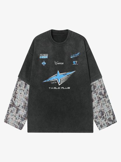 Washed Faux Two-Piece Long Sleeve Racing Tee