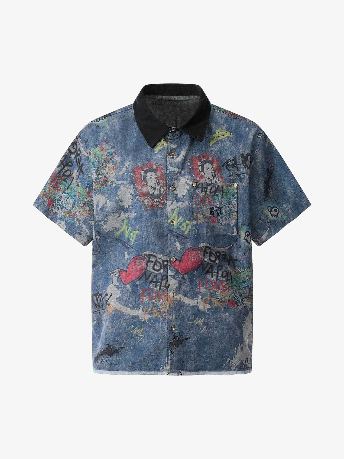 Graffiti-Style Tie-Dye Denim Polo Tee