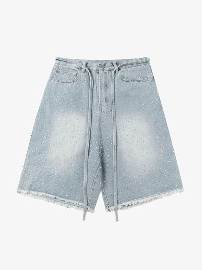 Vintage-Inspired Rhinestone Embellished Denim Jorts