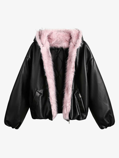 Quilted Pink Leather Jacket with Fur Hood