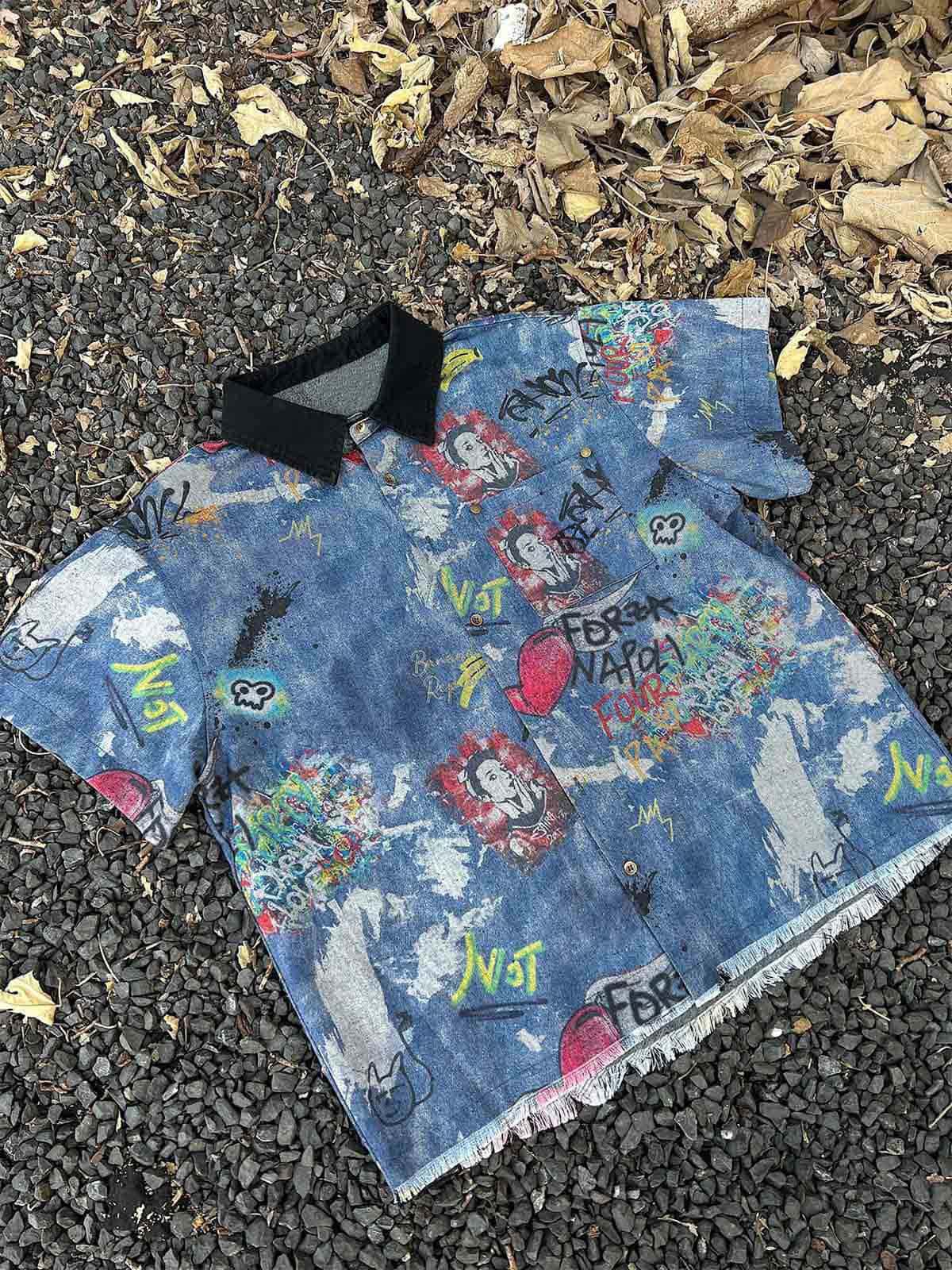 Graffiti-Style Tie-Dye Denim Polo Tee