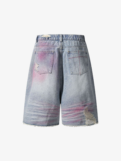 Vintage-Inspired Distressed Tie-Dye Denim Shorts
