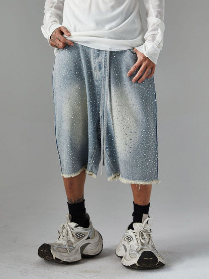 Vintage-Inspired Rhinestone Embellished Denim Jorts