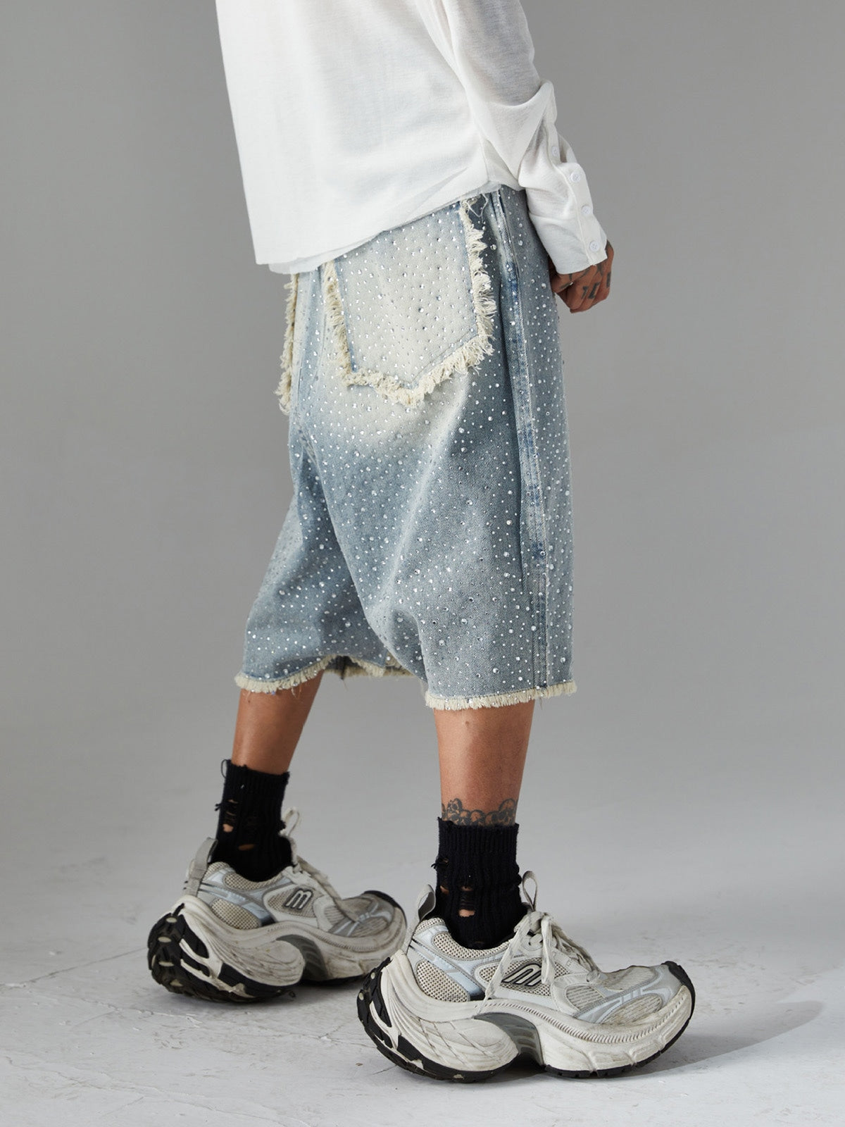 Vintage-Inspired Rhinestone Embellished Denim Jorts